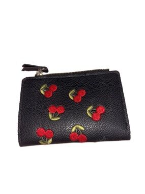 Black Cherry Embroidered Zip Wallet - Women's Compact Leather Wallet